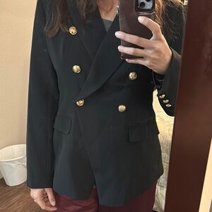 Double Breasted Black Blazer with Notched Lapels and gold buttons